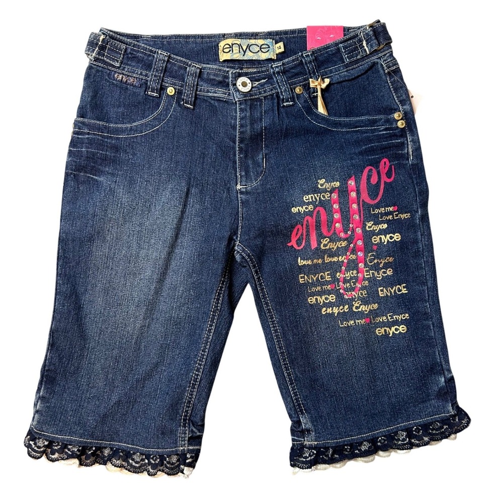 VTG Enyce Beyonce Girls Denim Bermuda Shorts Blue Rhinestone Lace Trim Size‎ 14